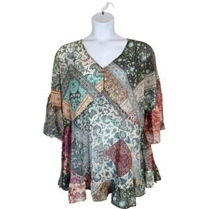 Arna York Collection Sheer Patchwork Top Size 22/24 3/4 Sleeve Cottage Boho NWT